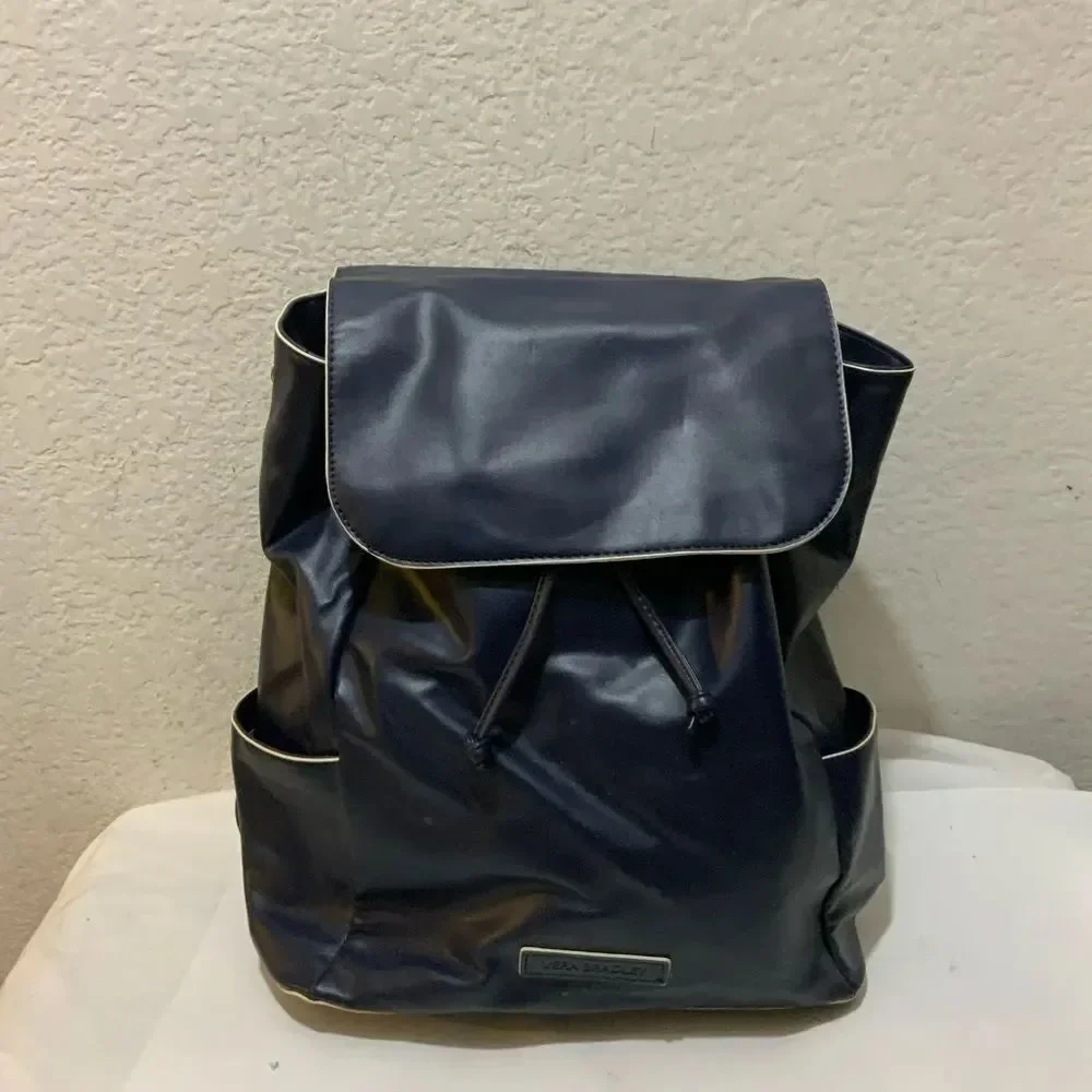 VERA BRADLEY Drawstring Backpack In Navy Blue Faux Leather Vegan